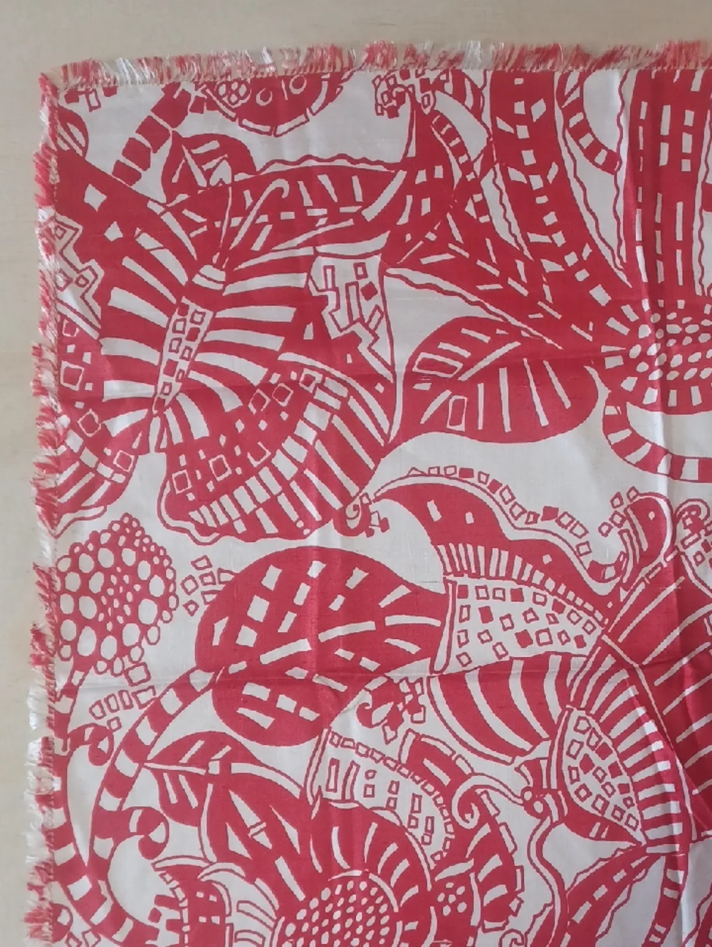 Vintage Thai Silk Scarf Star Of Siam Red White Mod Floral Resort Fringe 24×24